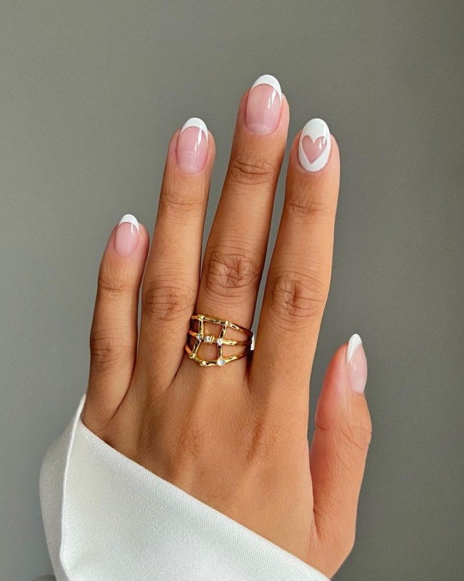 25 Cute Valentine’s Day Nail Designs 2022 : Clear Heart White Tip Nails