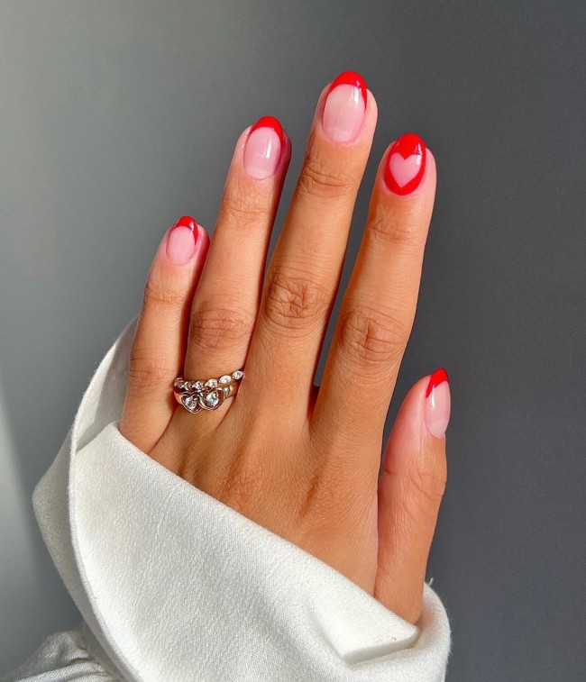 25 Cute Valentine’s Day Nail Designs 2022 : Red Heart & Tip Nails