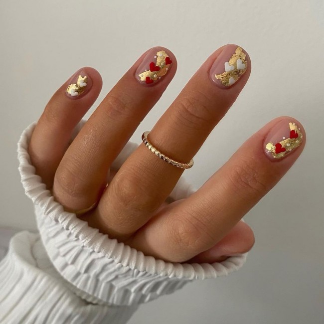 27 Pretty Heart Valentine’s Day Nails : Red and White Heart Nails with Gold Foil