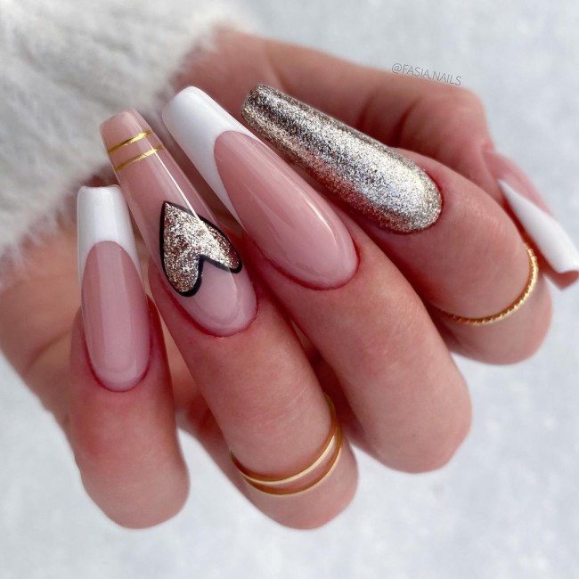 25 Cute Valentine’s Day Nail Designs 2022 : Silver Heart Coffin Nails