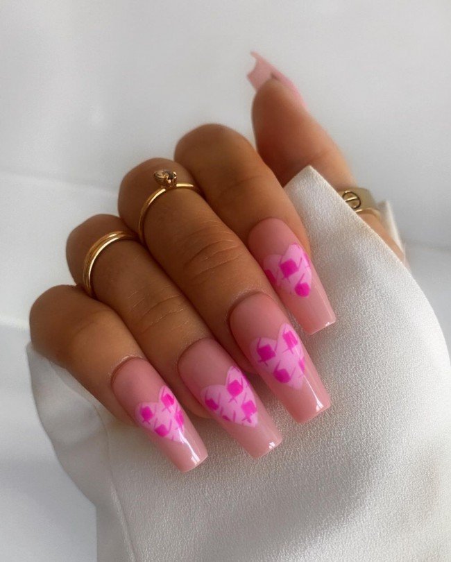 27 Pretty Heart Valentine’s Day Nails : Pink Heart Coffin Nails