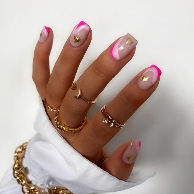 27 Pretty Heart Valentine’s Day Nails : Pink Abstract Tip & Gold Heart Nails