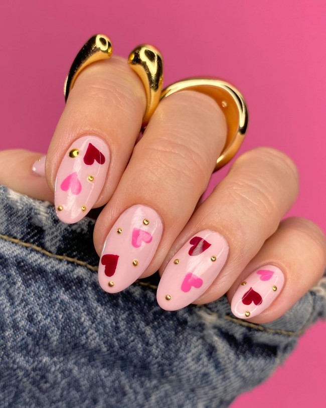 22 Pink Nail Designs For Valentine's Day : Pink Nails with Pink Hearts