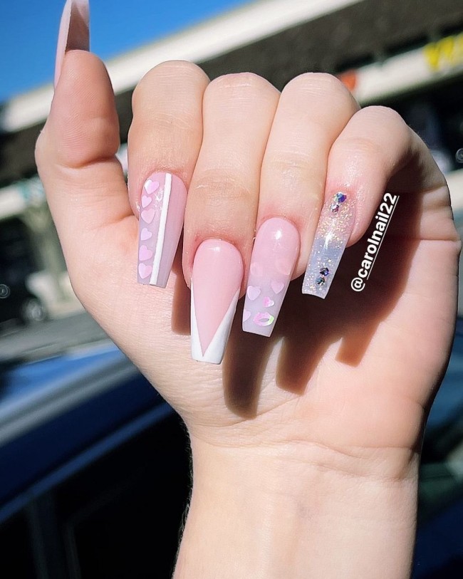 pink nails with love hearts, pink nail designs, valentine nails 2022, pink valentine nails, valentine nails pink, valentine nails coffin, pink nails, pink nail designs for valentines