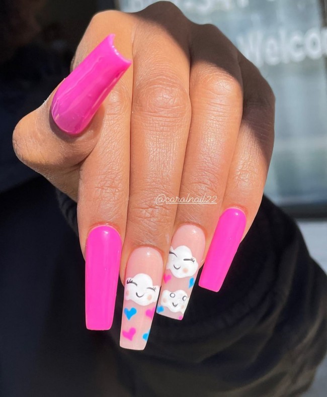 22 Pink Nail Designs For Valentine’s Day : Hot Pink Nails with Cloud & Love Hearts