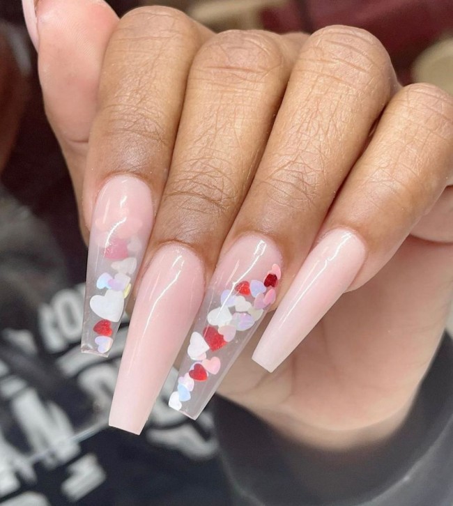 22 Pink Nail Designs For Valentine’s Day : Pink & Translucent Nails with Love Hearts