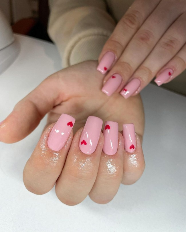 22 Pink Nail Designs For Valentine’s Day : Baby Pink Nails with Red Heart