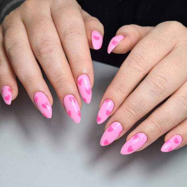 22 Pink Nail Designs For Valentine’s Day : Pink Nails with Pink Hearts