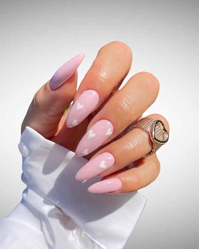 22 Pink Nail Designs For Valentine’s Day : Pink Nails with White Hearts