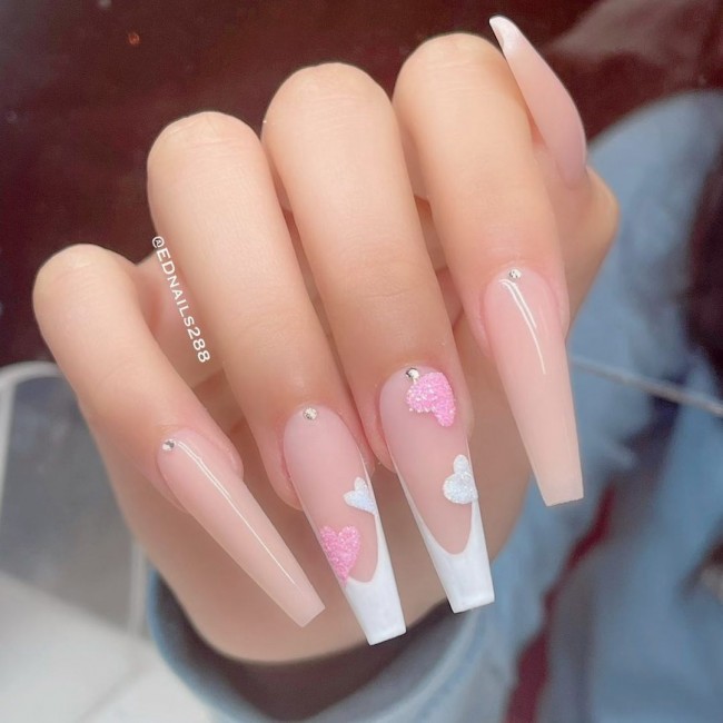 22 Pink Nail Designs For Valentine’s Day : French Nails with Love Hearts