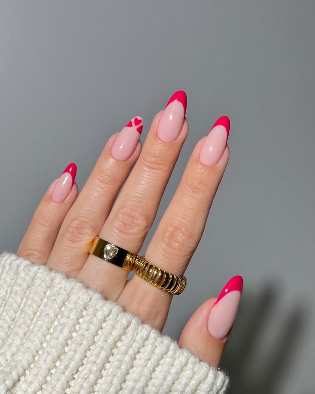 22 Pink Nail Designs For Valentine’s Day : Pink Love Heart French Tip Nails