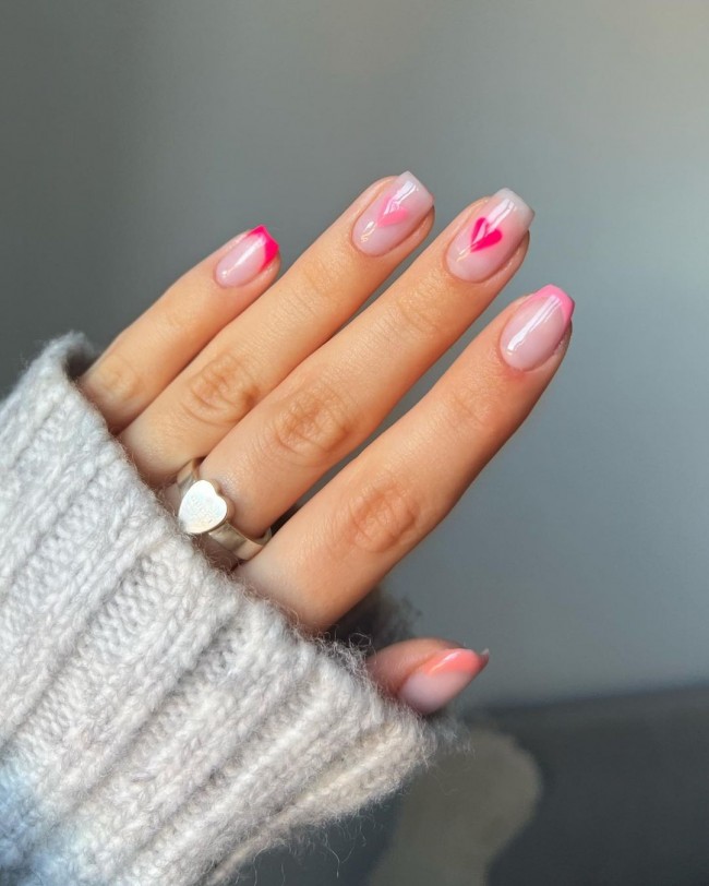 22 Pink Nail Designs For Valentine’s Day : Pink Heart Short Nails