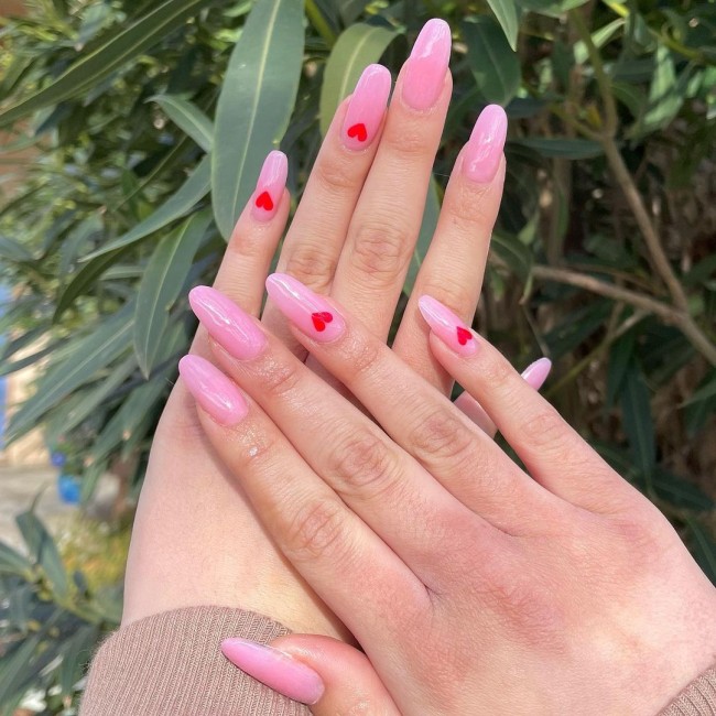 22 Pink Nail Designs For Valentine’s Day : Pink Nails with Red Hearts