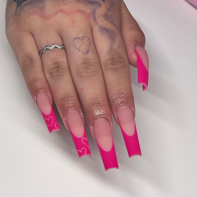 22 Pink Nail Designs For Valentine’s Day : Bright Pink French Tip Nails