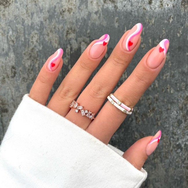 22 Pink Nail Designs For Valentine’s Day : Heart & Swirl Nails