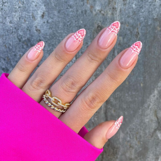 22 Pink Nail Designs For Valentine’s Day : Pink Spider Heart Tip Nails