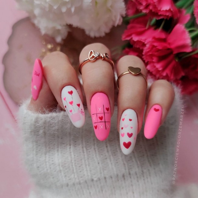 valentine’s day nails, heart nails, valentine’s day nails 2022, pink nails 2022, love heart nails, heart tip nails, simple heart design nails, acrylic nails with hearts