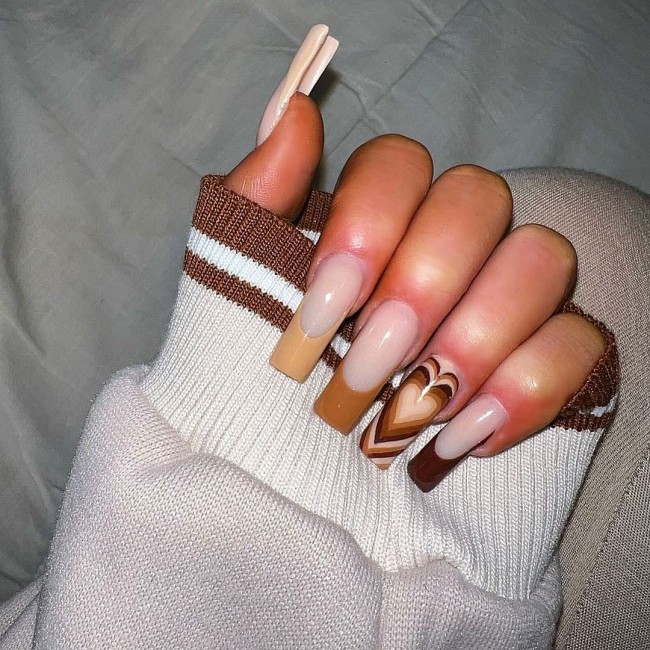 24 Charming Valentine’s Day Nail Ideas : Shades of Brown French & Heart Tips