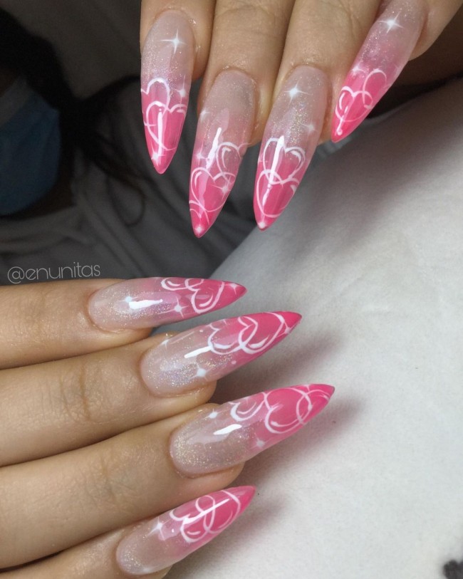 24 Charming Valentine’s Day Nail Ideas : Pink Ombre + Subtle Glitter & Bubble Heart Tip Nails