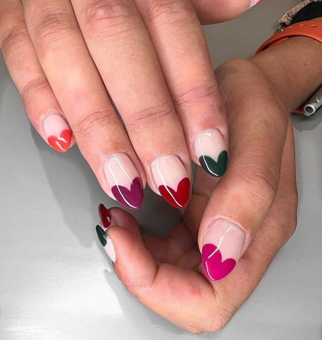 24 Charming Valentine’s Day Nail Ideas : Different Color Heart Tip on Each Nail