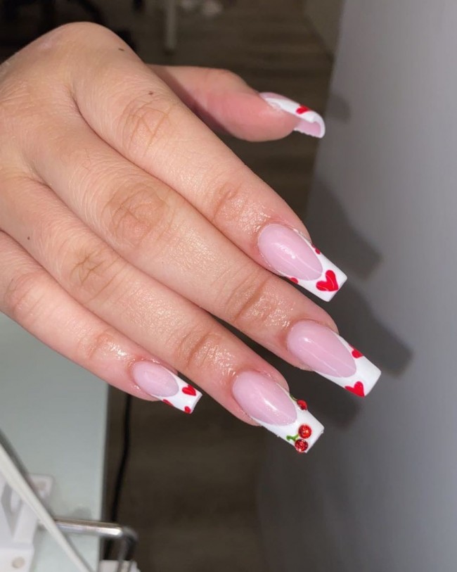 24 Charming Valentine’s Day Nail Ideas : Cherry & Red Heart French Tips