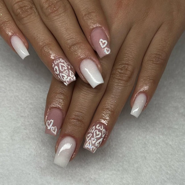 24 Charming Valentine’s Day Nail Ideas : White Nails with White Glitter Hearts