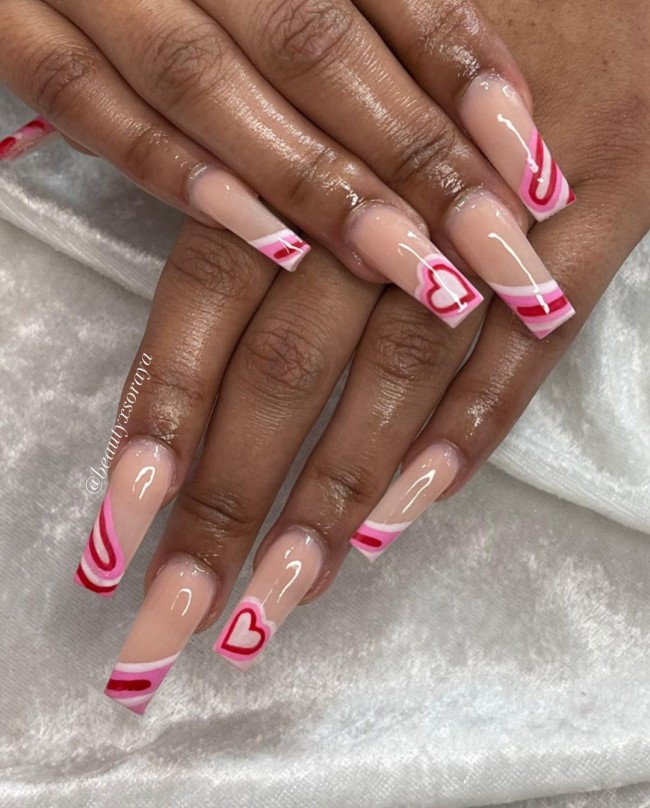 24 Charming Valentine’s Day Nail Ideas : Shades of Pink Heart Tip Nails