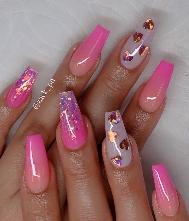 Valentine’s Day Nail Art Designs 2022 : Chrome Love Heart Pink Nails