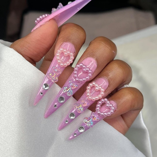 40+ Girly Kawaii Nail Art Designs — Ombre Pink Stiletto Nails with Pearl Hearts