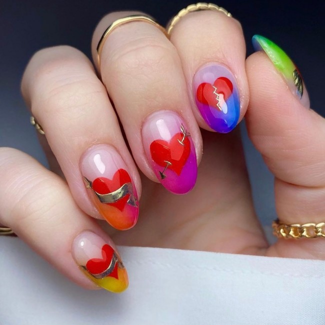 49 Beautiful Valentine’s Day Nails — Colorful Ombre Tips + Red Heart Nails