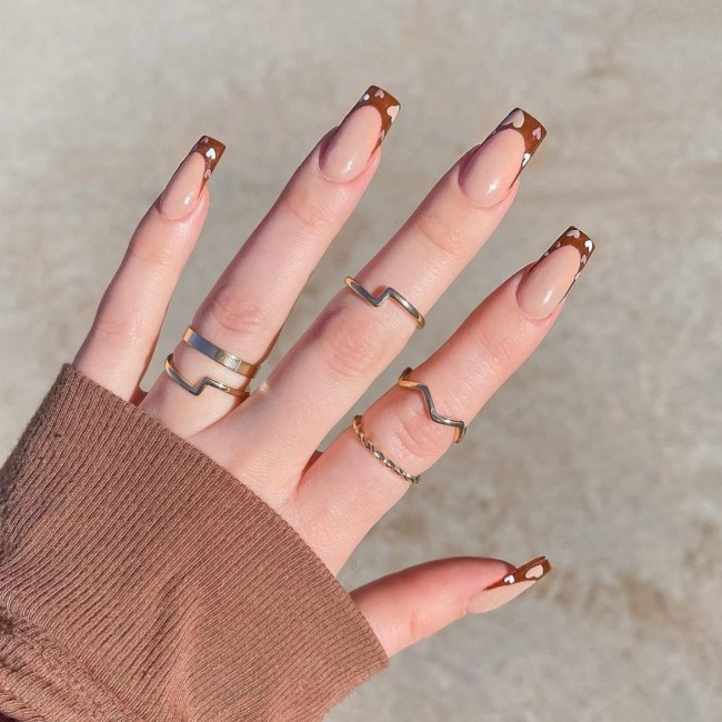 49 Beautiful Valentine’s Day Nails — Heart on Brown French Tips