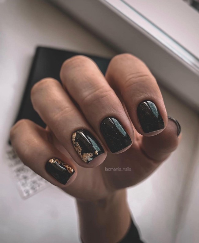 30+ Charming Black Nail Designs — Gold Foil Black Nail Design