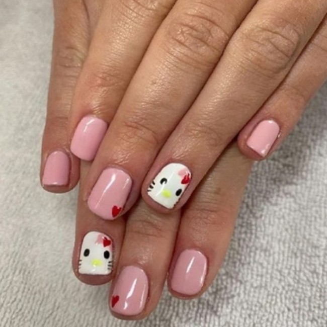 40+ Girly Kawaii Nail Art Designs — Hello Kitty Short Pink Nails