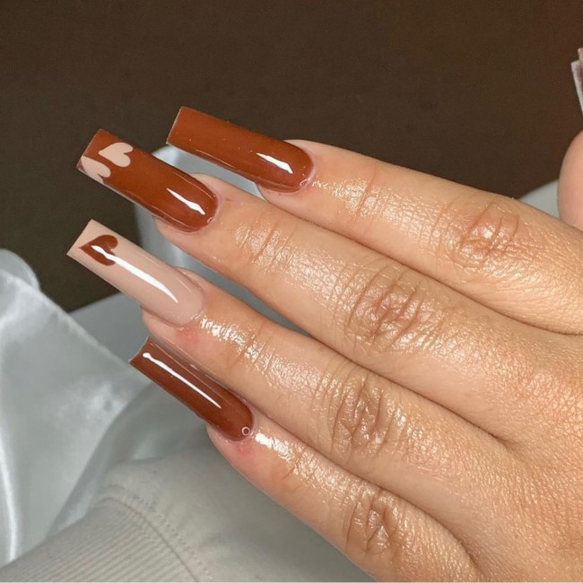 49 Beautiful Valentine’s Day Nails — Heart on Brown Acrylic Nails