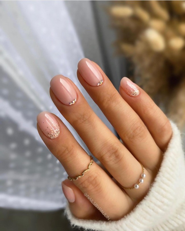 45 Pretty Nail Designs for Spring — Nude Nails with Bling