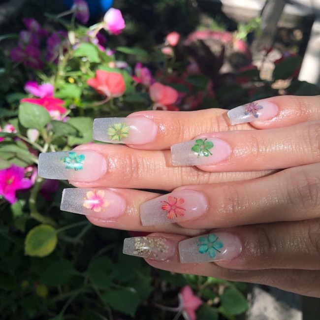 40+ Trendy Flower nail designs 2022 — Translucent Colorful Pressed Flower Nails