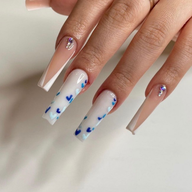 49 Beautiful Valentine’s Day Nails — Acrylic Nails with Blue Hearts