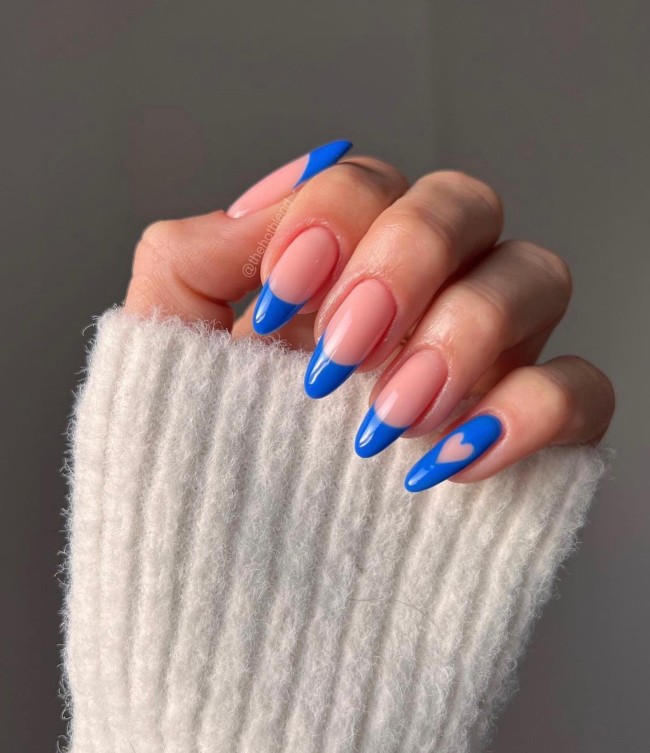 30+Trendy French Tip Nails for Valentines — Bright Blue French Tip + Cutout Heart