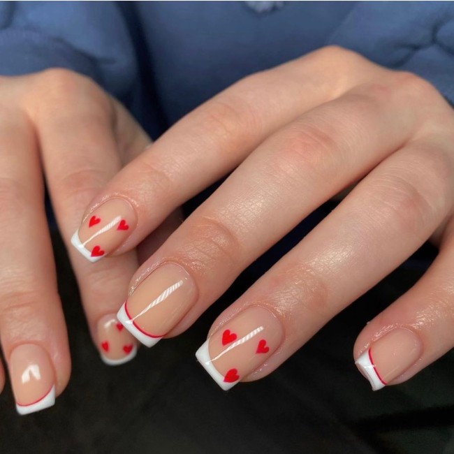 30+Trendy French Tip Nails for Valentines — Square White Tip Nail + Red Hearts