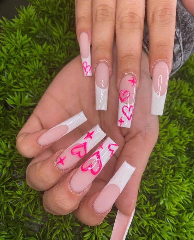 30+Trendy French Tip Nails for Valentines — White Tips + Pink Outline Hearts