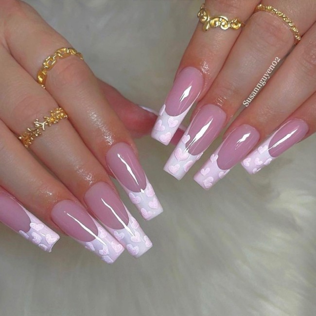 30+Trendy French Tip Nails for Valentines — Embossed Pink Heart White Tip Nail