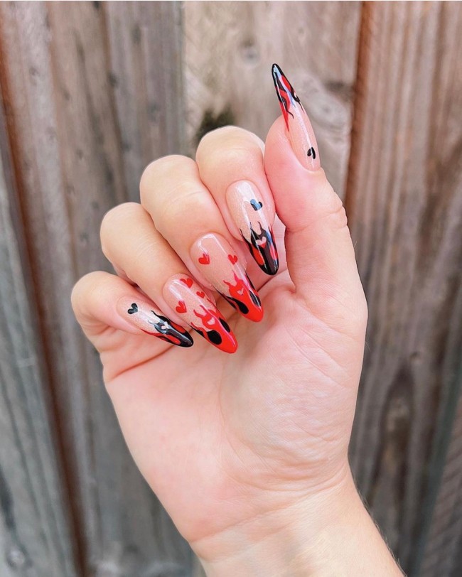 Valentine’s Day Nails That We Heart It — Black and Red Hot Flame Tip Nails