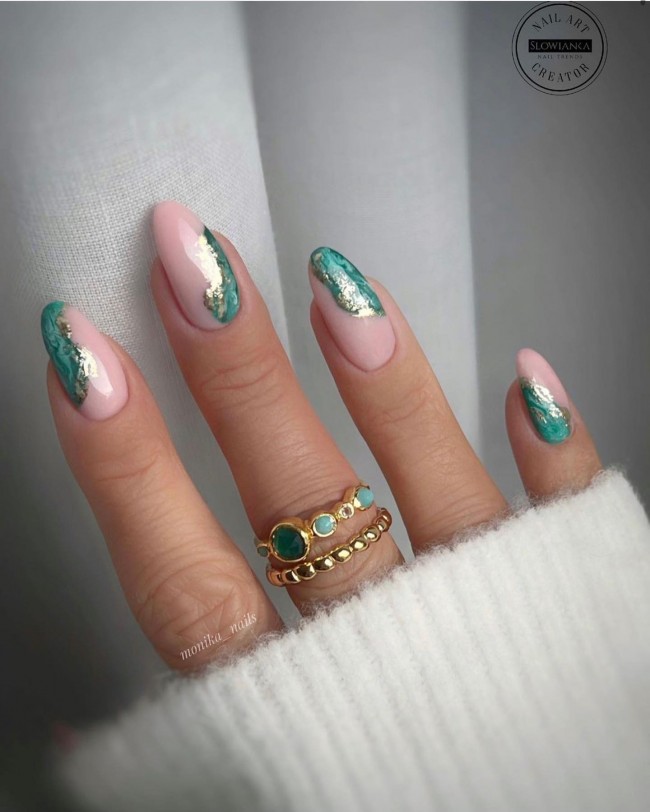 45 Pretty Nail Designs for Spring — Nude Pink and Green Marble Nails