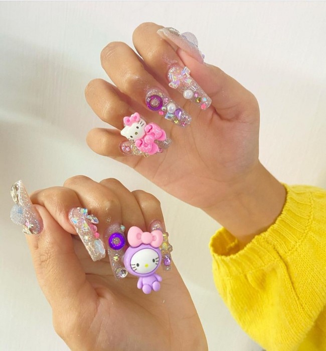 40+ Girly Kawaii Nail Art Designs — Hello Kitty Clear Acrylic Nails