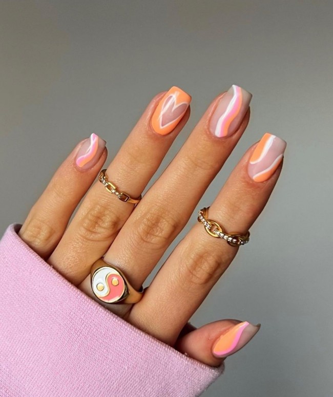 Valentine’s Day Nails That We Heart It — Orange Swirl & Heart Nail