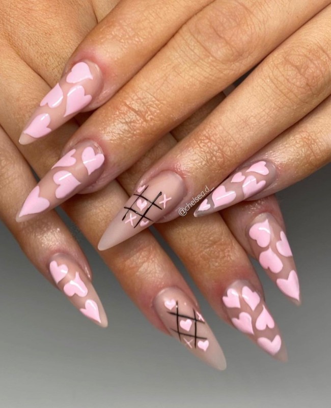 40+Crazy Cute Valentine’s Day Nails — Pink Heart Stiletto Nails