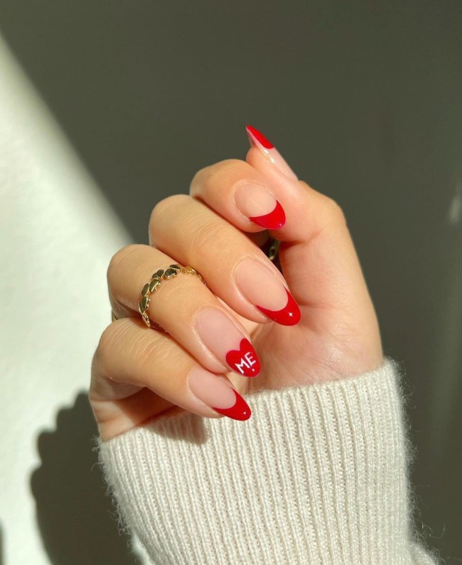 30+Trendy French Tip Nails for Valentines — Red Heart & Red Tip Nails