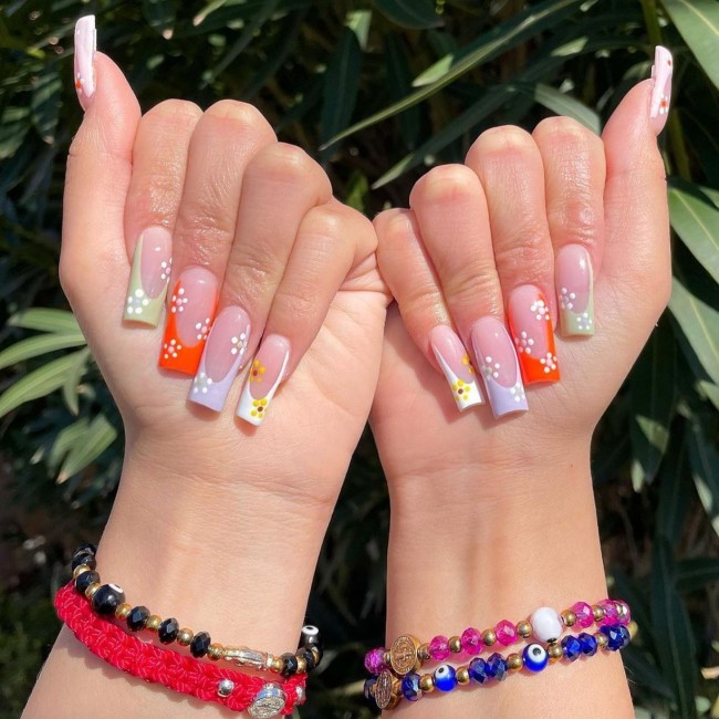 40+ Trendy Flower nail designs 2022 — Colorful French Tips with Flower Design