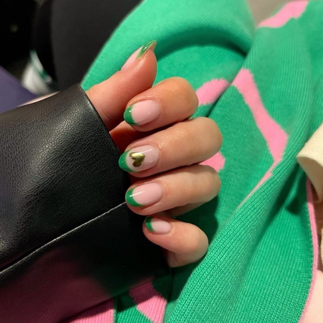 45 Pretty Nail Designs for Spring — Gold Heart Green French Nails