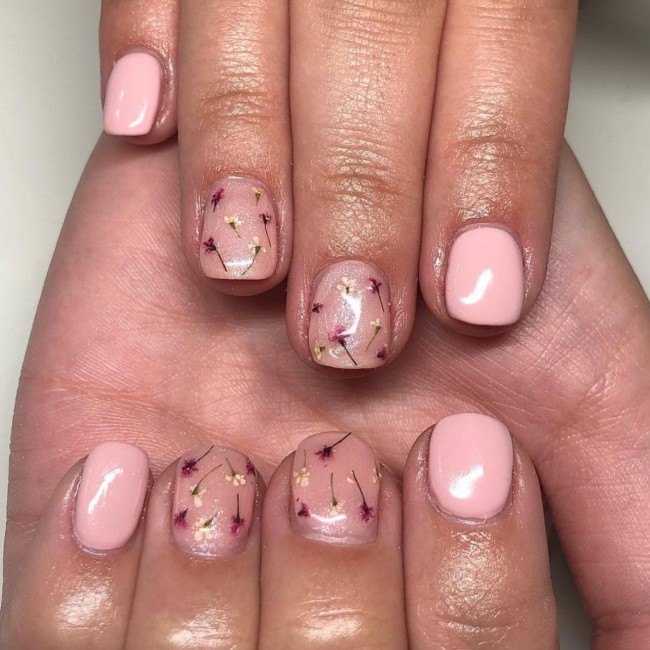 40+ Trendy Flower nail designs 2022 — Pressed Flower Nude Nails